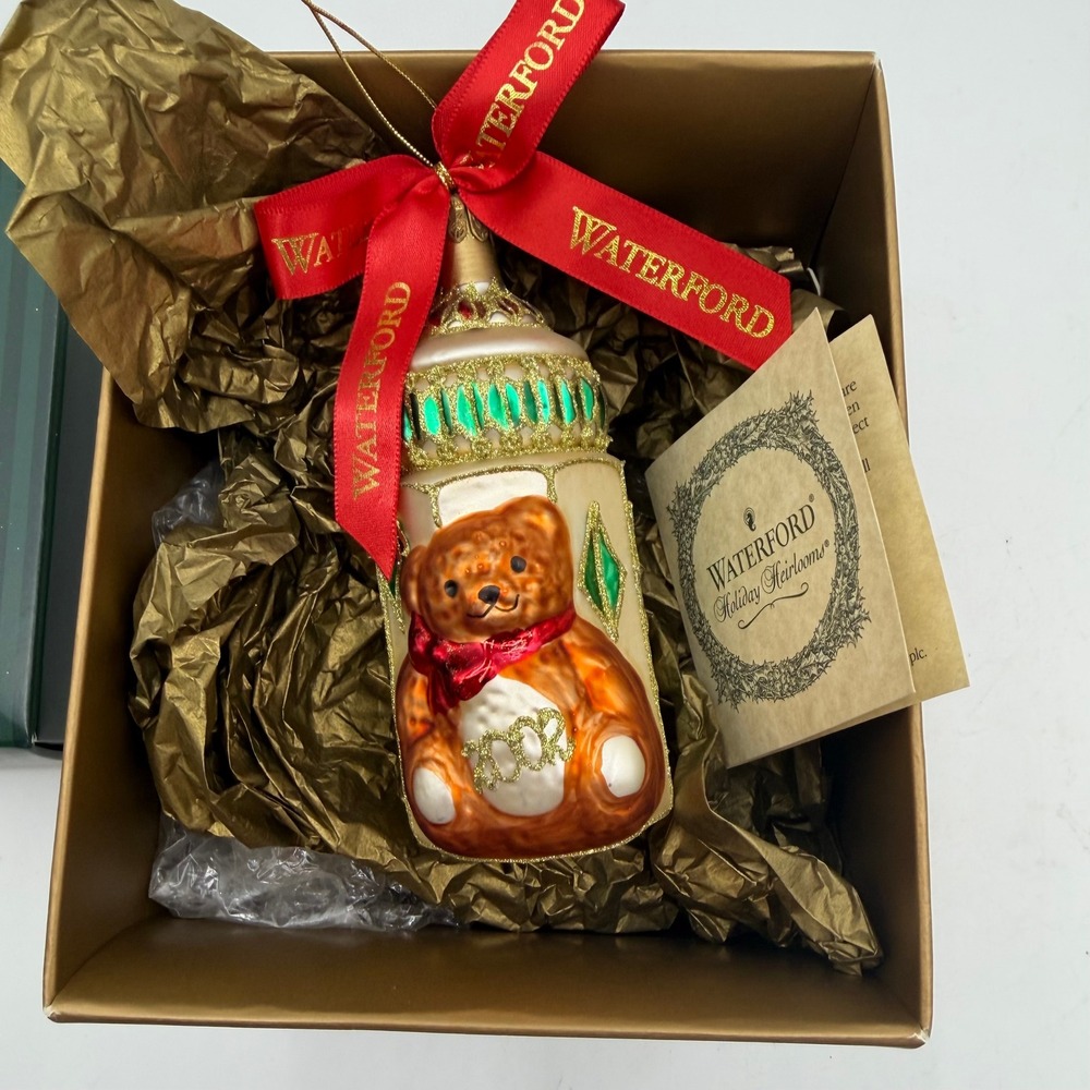 Waterford Holiday Heirlooms 2002 Baby's First Bottle Glass Ornament Teddy Bear